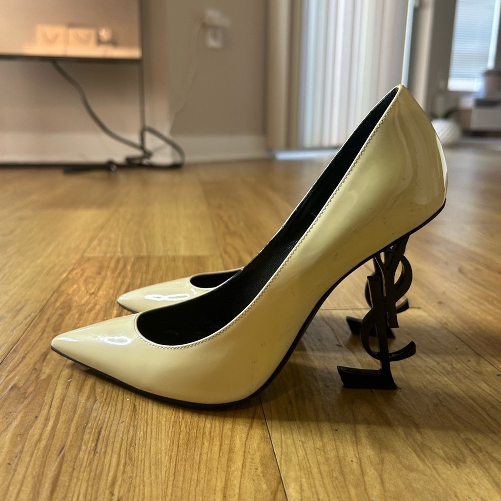 Saint Laurent Cream High Heels with Unique Black Heel Design